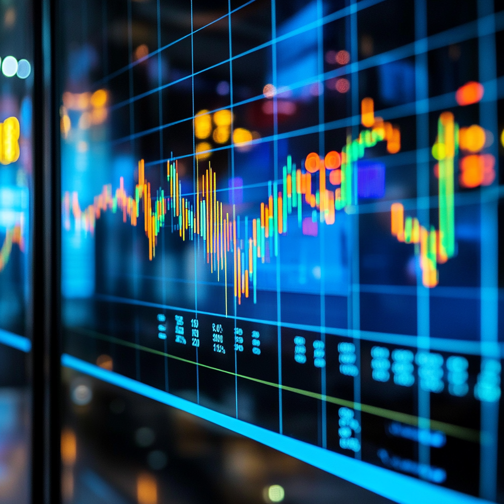Digital display of a colorful stock market chart with fluctuating data lines and numbers, representing financial analytics and trading insights.