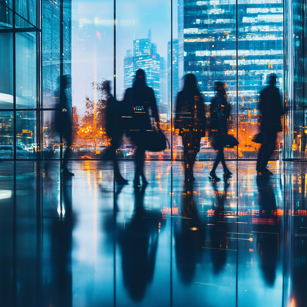 Silhouettes of business professionals walking through a modern glass building with a cityscape in the background at dusk.